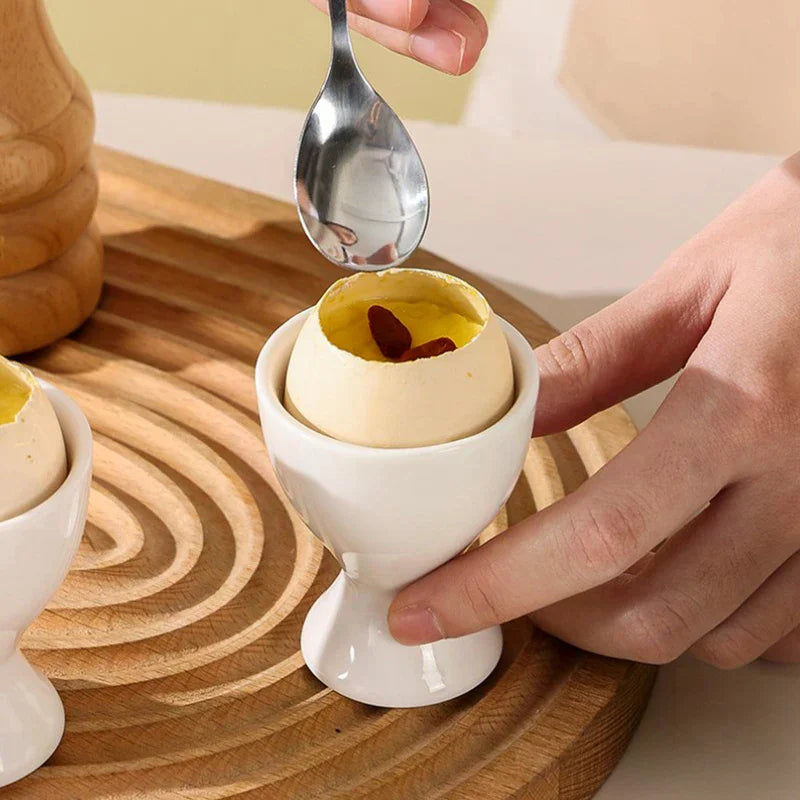 Egg Cup Holder for Hard and Soft Boiled Eggs | White Breakfast Kitchen Accessory close-up view