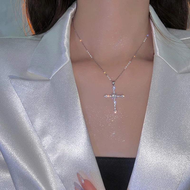 Fashion Women Crystal Zircon Cross Pendant Necklace for Women Trendy Girl Chain Neckla close-up view