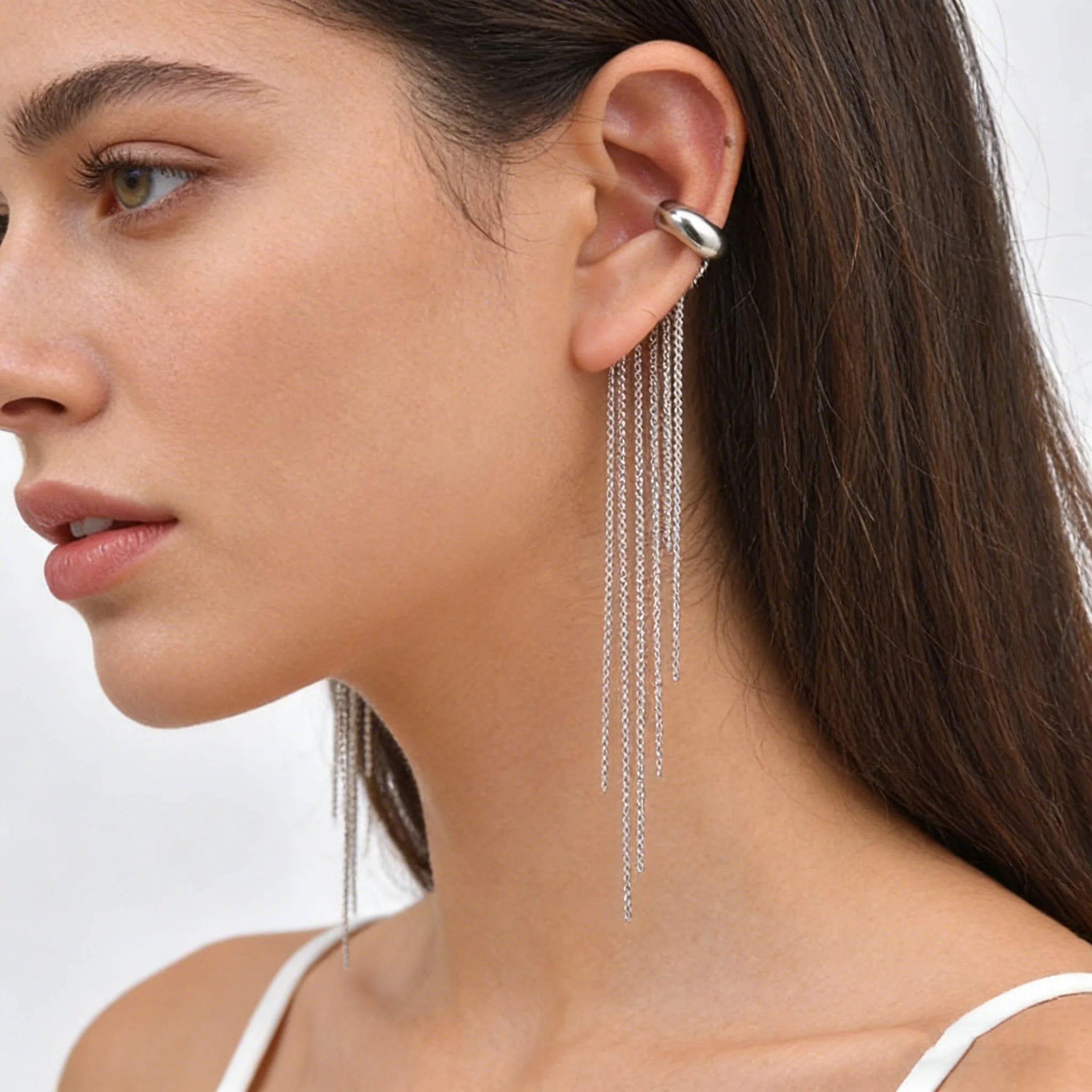 Fashion Long Tassel C-shaped Fake Piercing Ear Clip for Women Gold Plated Stainless Steel Ear Bone C