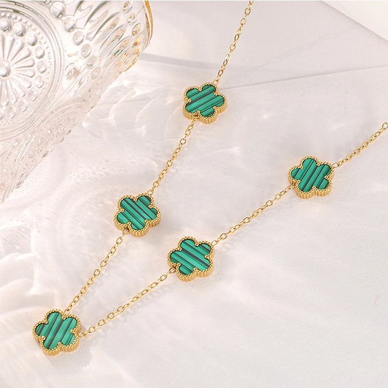 14K Gold Plated Stainless Steel Necklace Woman Five Leaf Petals Double Sided Neckla additional angle