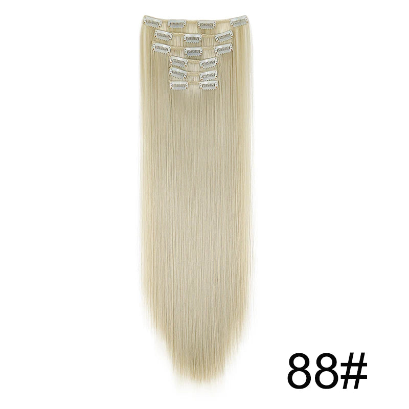 Synthetic 24 Inch Clip In Hair Extensions | Long Straight Blonde Black Heat Resistant close-up view