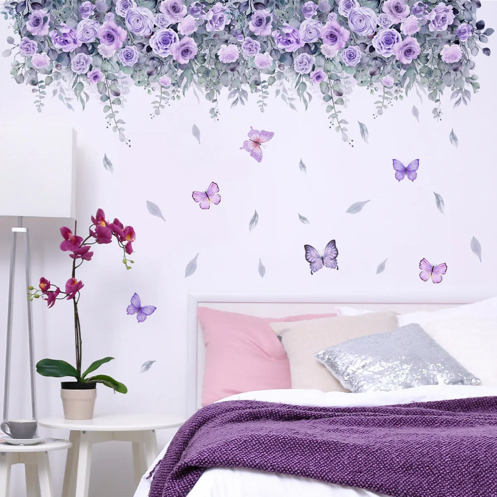 Purple Flower Wall Stickers Self Adhesive | Nordic Art Forest Butterfly Decals for Ki alternate view