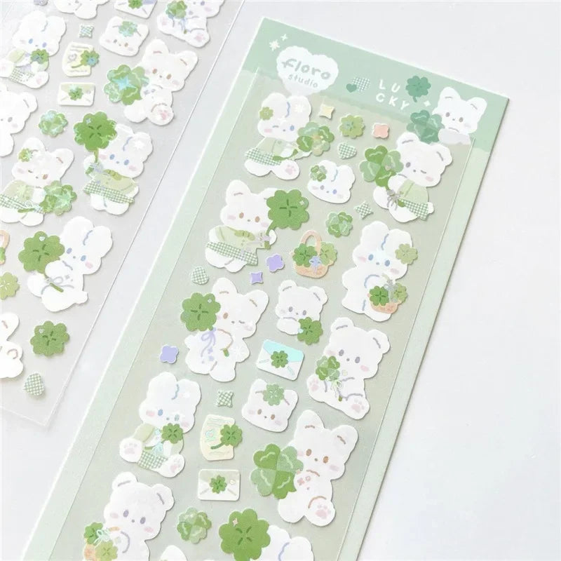 1pc Korean Cute Sticker Kawaii Bling Bunny Rainbow Four-leaf Pudding Sticker Waterpro alternate view