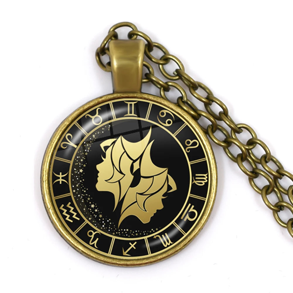12 Constellation Zodiac Pendant Necklace | Antique Bronze Glass Dome Jewelry alternate view