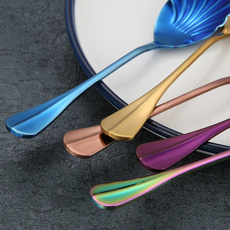 Shell Shape Stainless Steel Spoon with Long Handle | Dessert Spoon and Ice Cream Sc additional angle