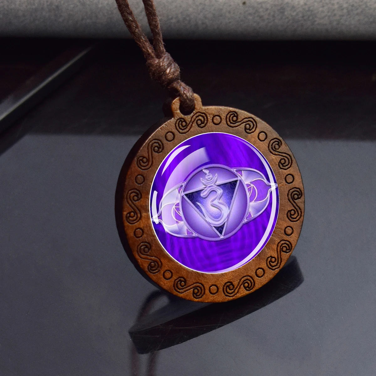 7Chakra Symbol Necklace Yoga Meditation Glass Dome Vintage Wooden Pendant Rope Chains Ne detail view