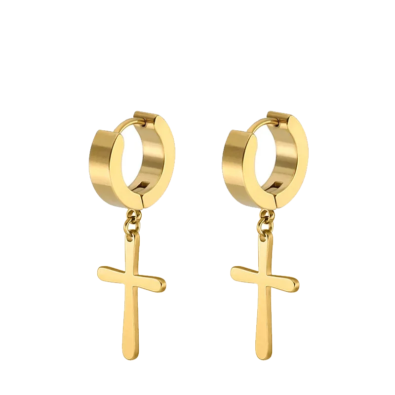 2pc Stainless Steel Men Cross Stars Punk Dangle Earrings Gothic Woman Cross Ear Hoop lifestyle view