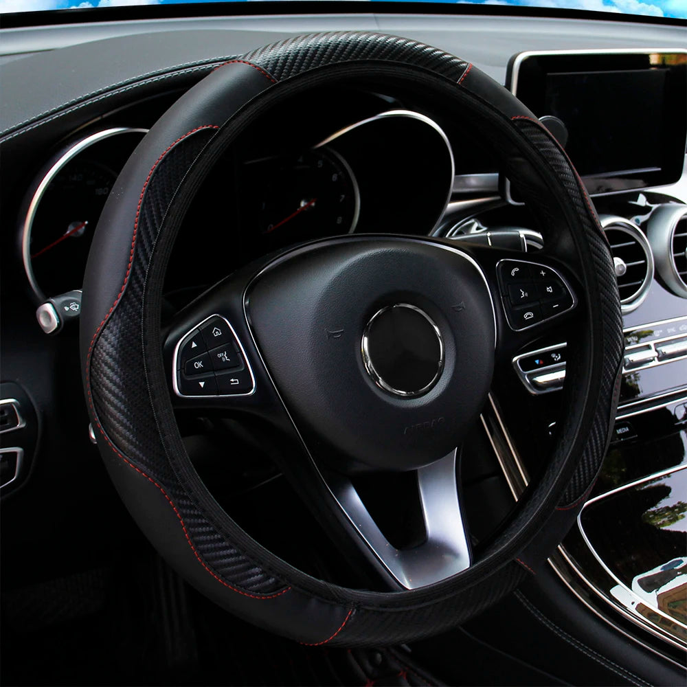 PU Carbon Fiber Leather Car Steering Wheel Cover | 14.5-15 Inch Grip Enhancer close-up view