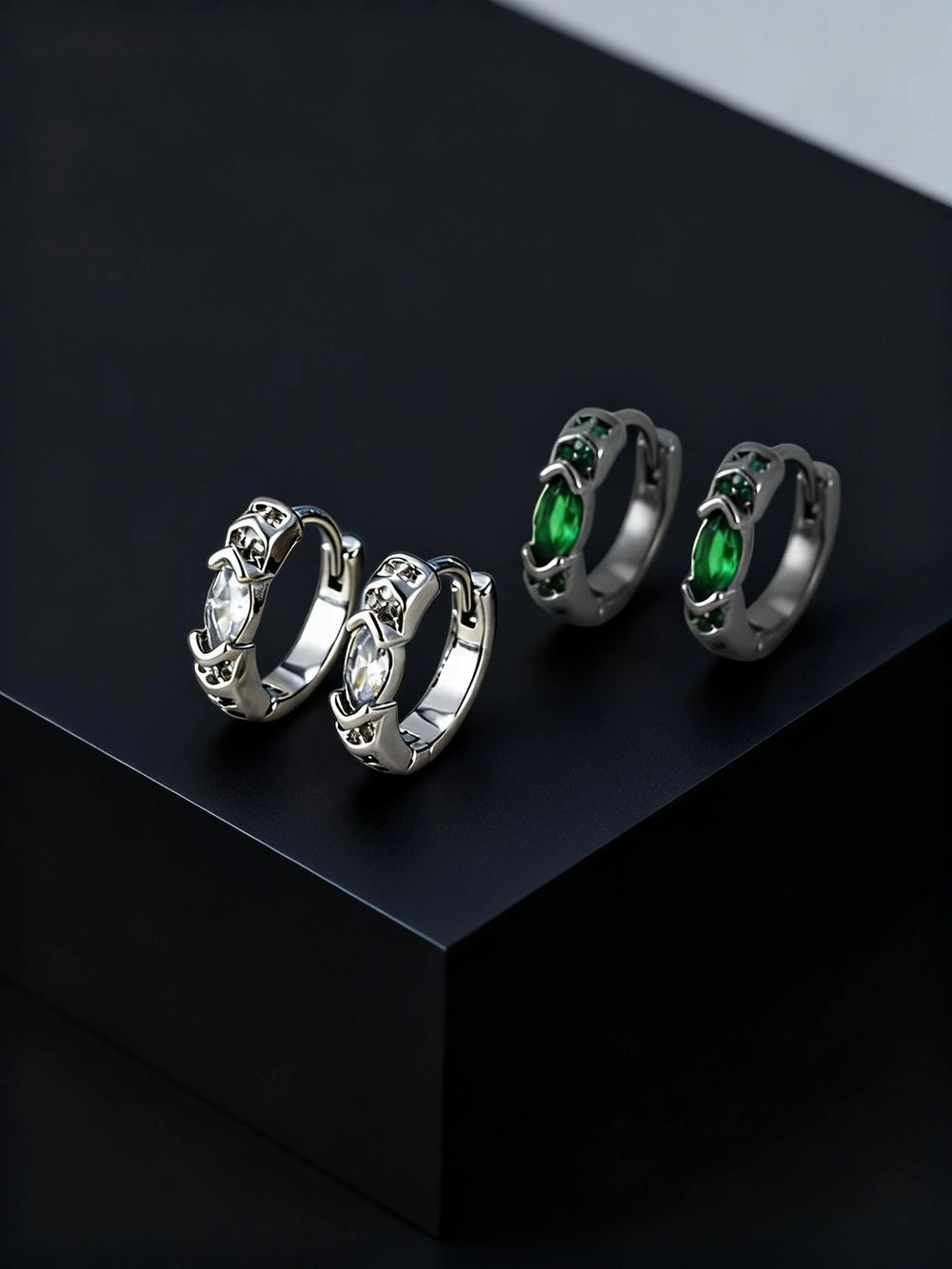 Stylish Green Zircon Minimal Hoop Earrings for Men, Vintage Small Huggie Earrings, Hy alternate view