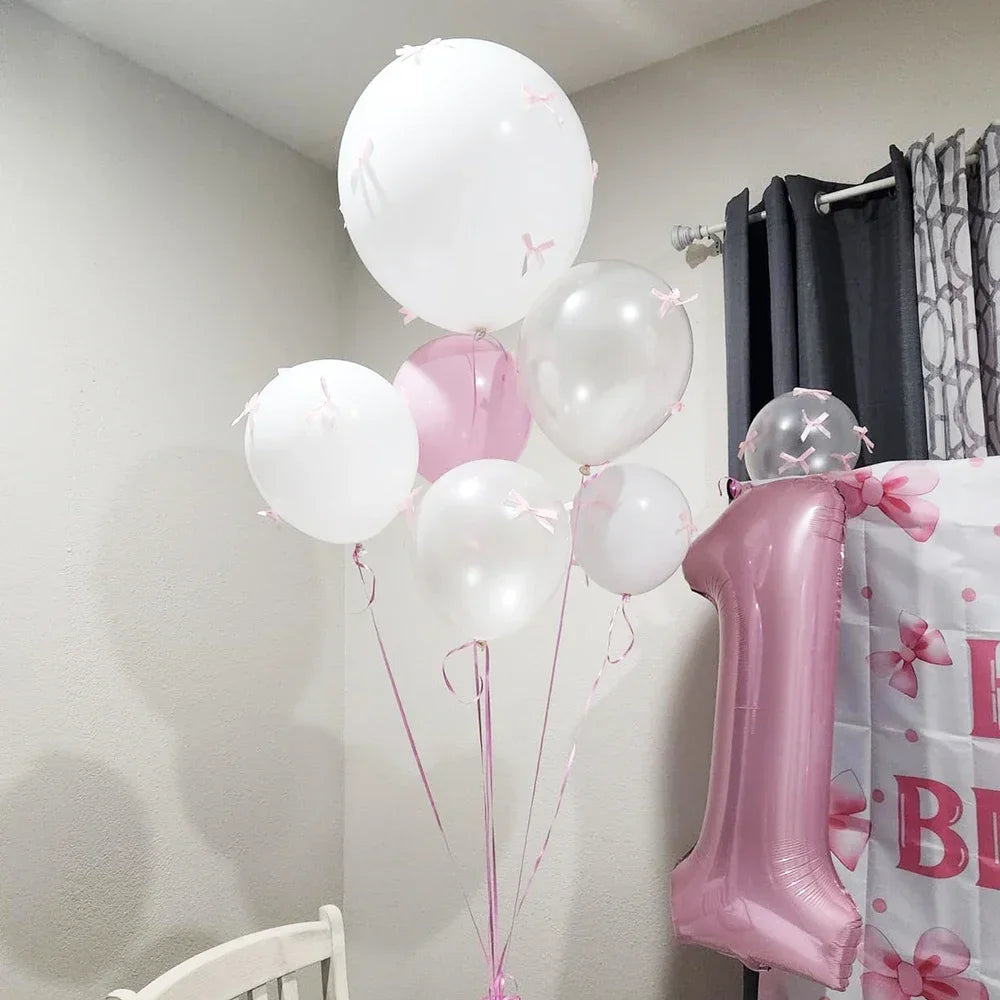Bow Balloons Set White Balloon Mini Pink Ribbon Bows Girls Birthday Party