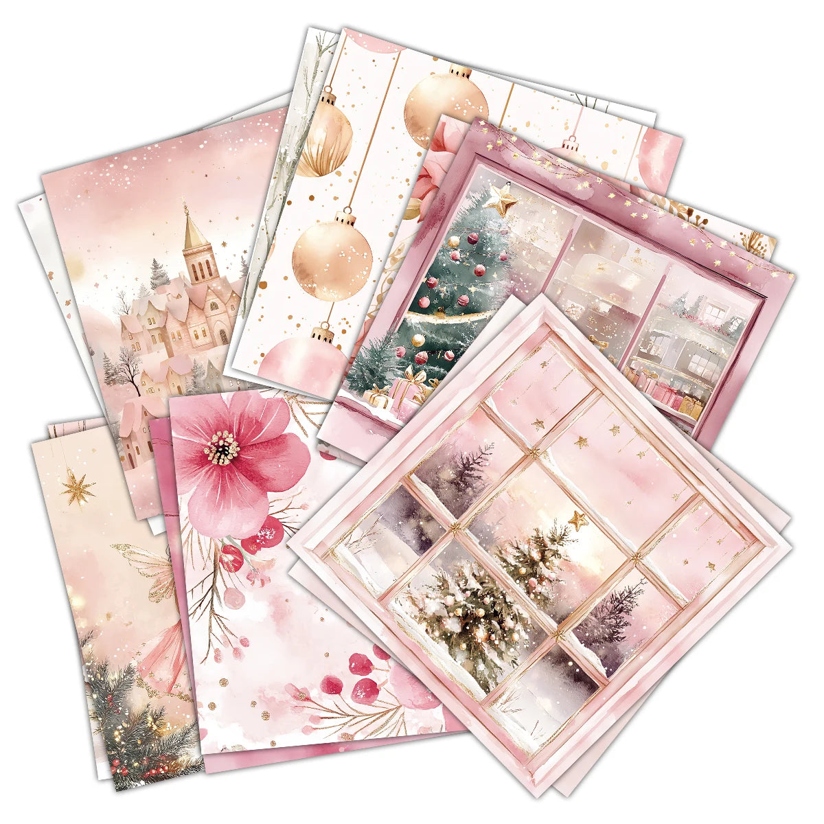 12pcs Retro Christmas Scrapbook Paper | Christmas Tree Design Single Sided DIY Craft Pap detail view