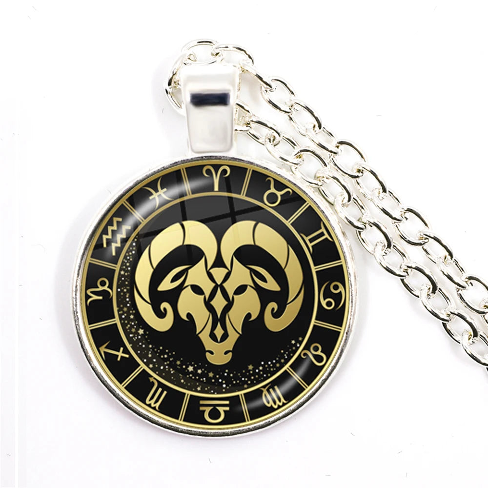 12 Constellation Zodiac Pendant Necklace | Antique Bronze Glass Dome Jewelry alternate view