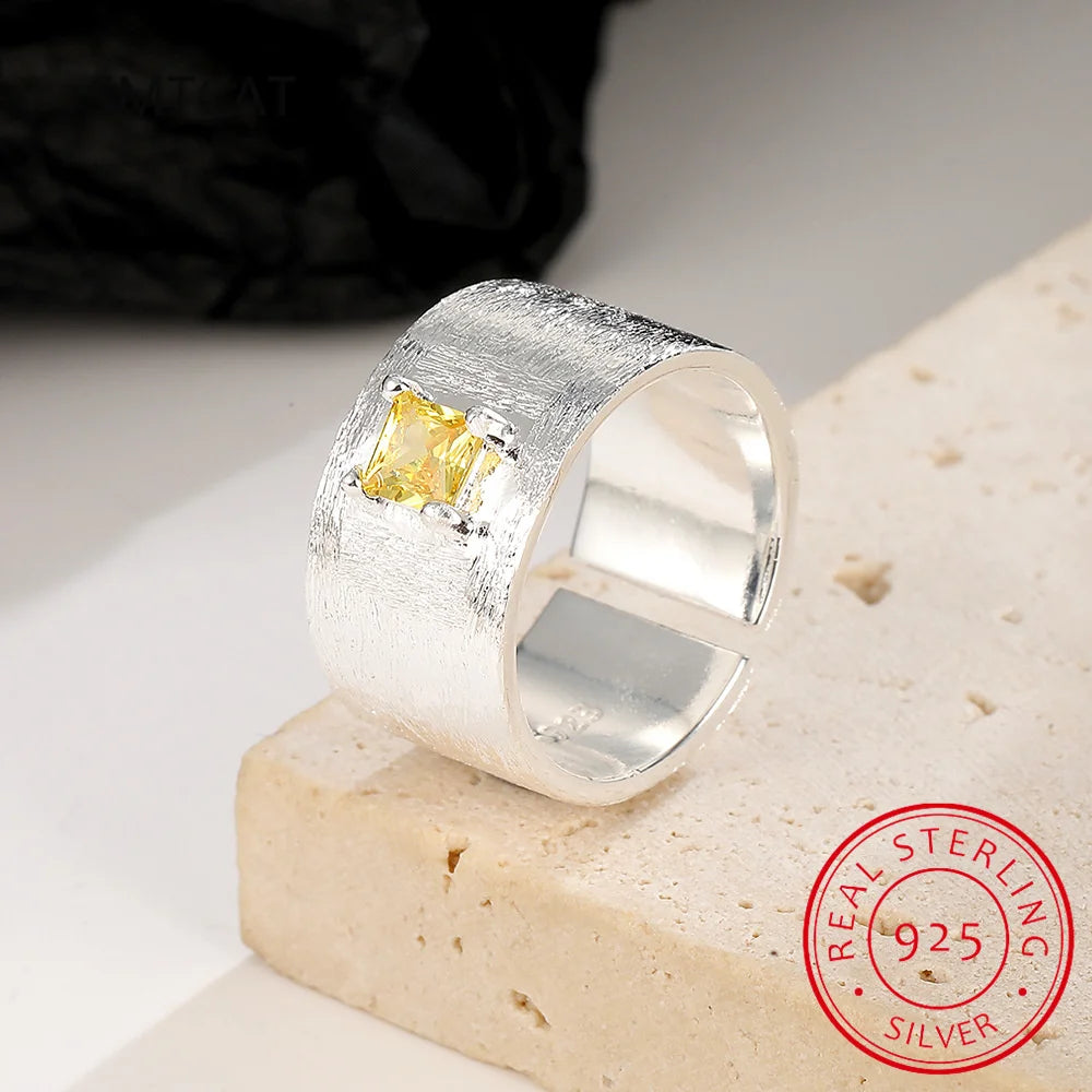Real 925 Sterling Silver Square Citrine Gemstone Frosted Wide Opening Ring For Wome additional angle