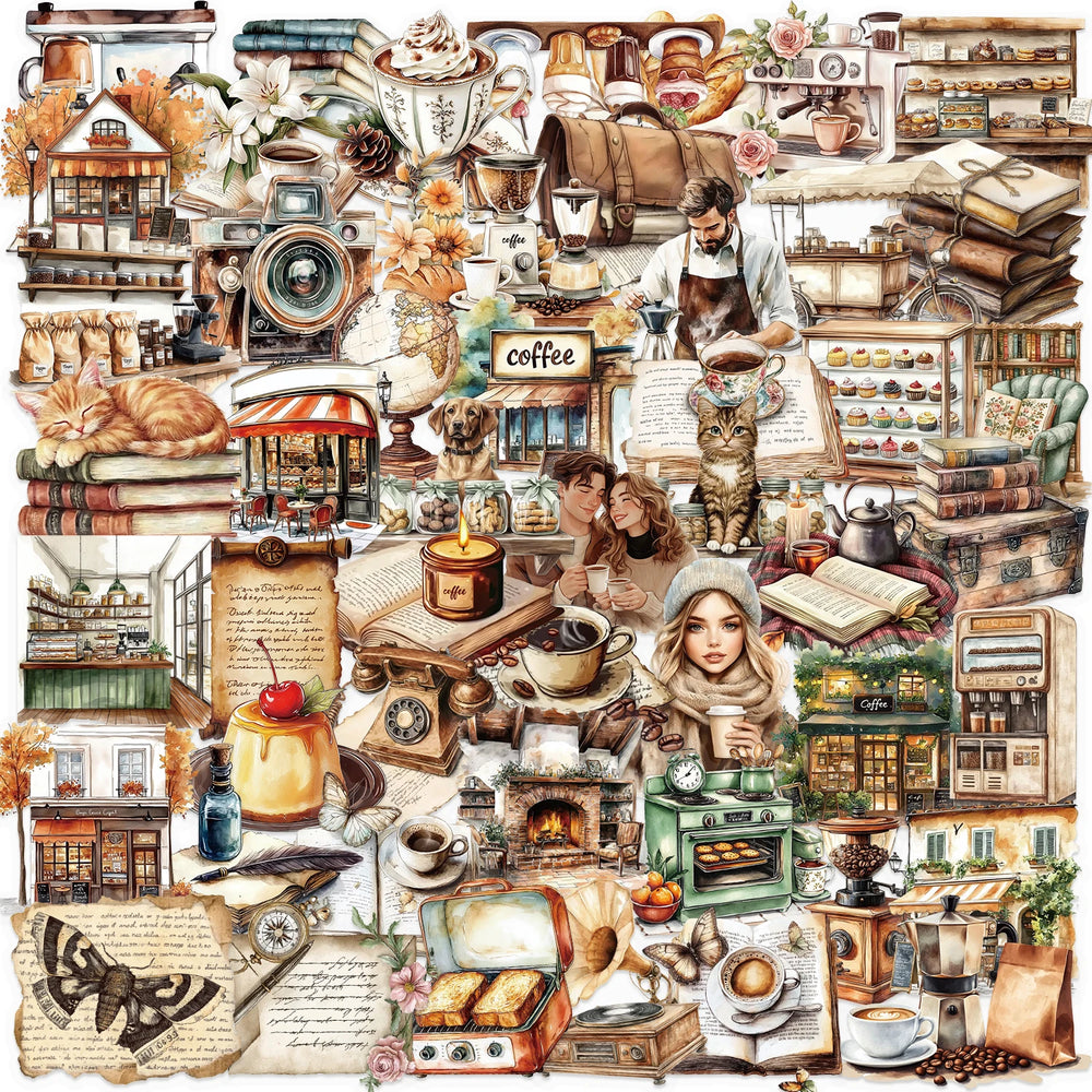 50pcs Retro Cafe Cartoon Graffiti Stickers Skateboard Water Bottle Notebook Mobile Phone detail view