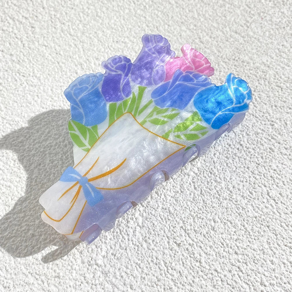 Sweet Acrylic Double Sided Flower Printed Hair Claw Clip For Women Oversize Geometric Sh detail view