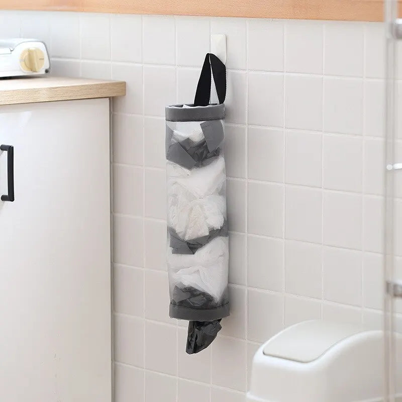 1pc Grey Sundries Bag Storage Wall Mount Mesh Plastic Bags Dispenser Hanging Reused Stor detail view
