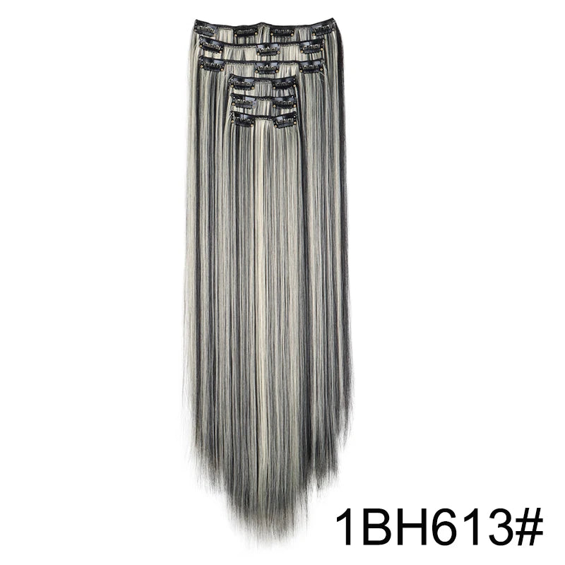 Synthetic 24 Inch Clip In Hair Extensions | Long Straight Blonde Black Heat Resistant Da detail view
