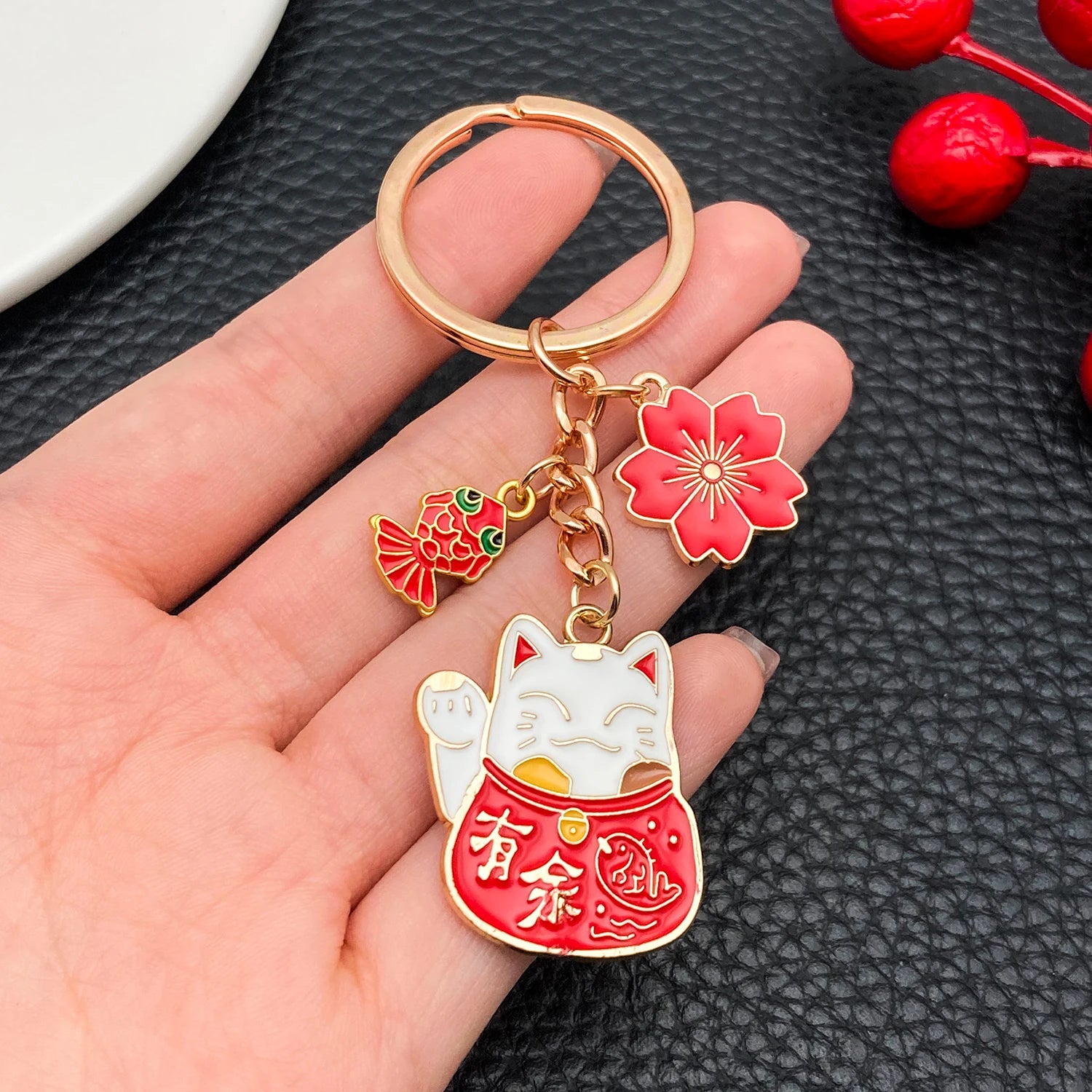 Japanese Maneki-neko (Lucky Cat) Keychain, Japanese Style Koi Fish Car Key Pendant, C alternate view