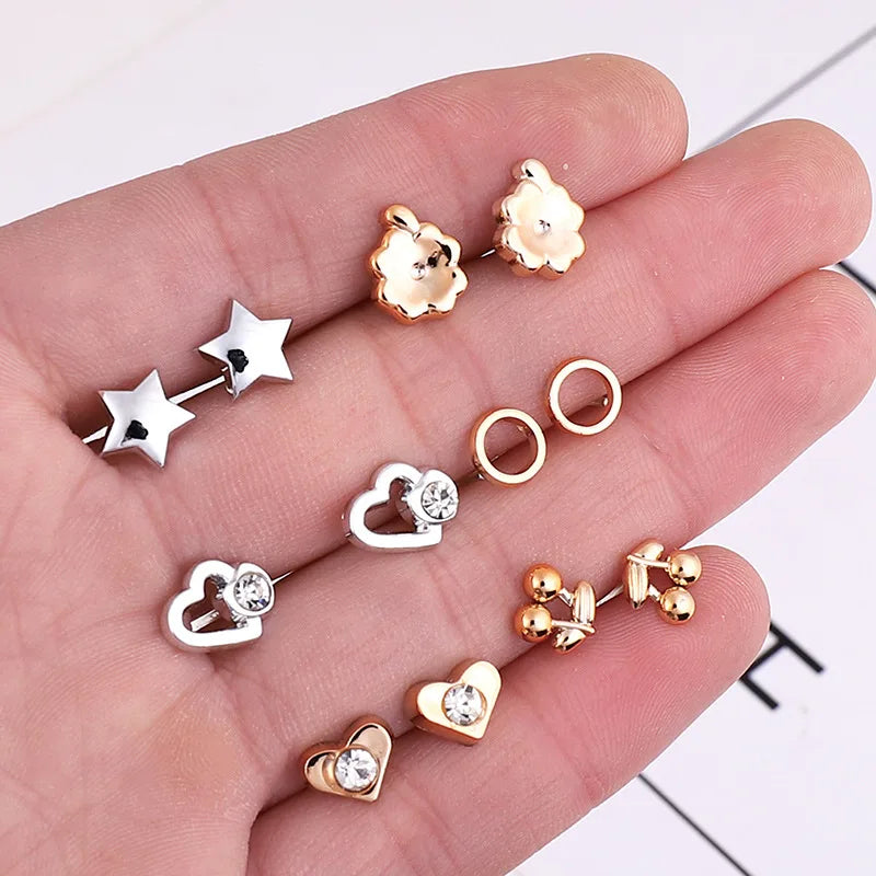 Gold Sliver Enamel Pearl Flower Heart Stud Earring Set lifestyle view