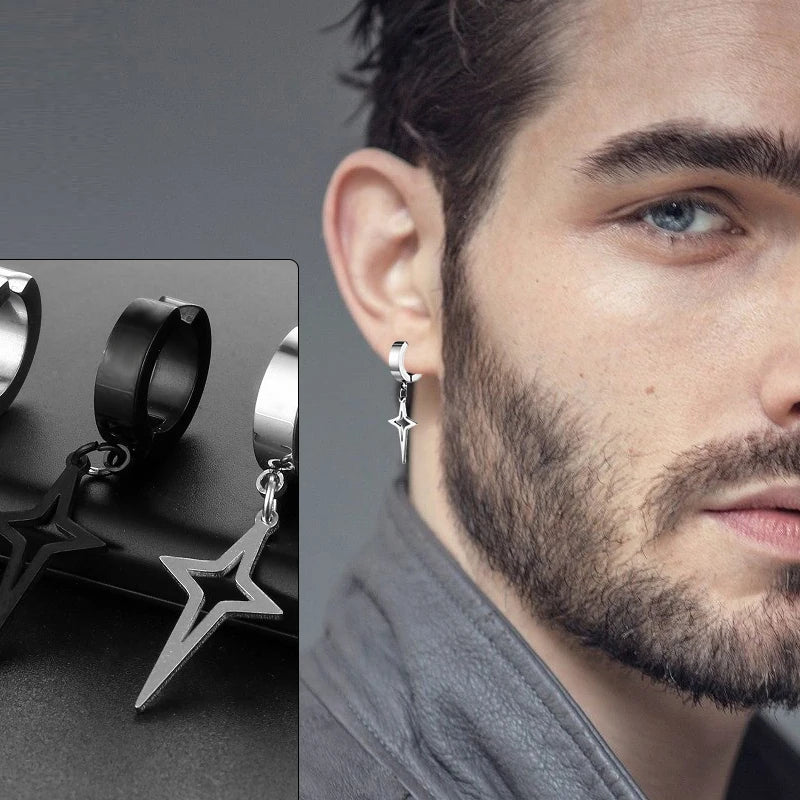 1Pair Punk Star Pendant Hoop Earrings | Clip-On Ear Cuff for Unisex close-up view