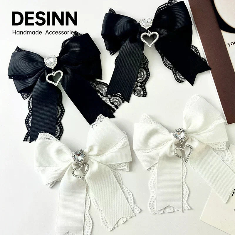 Women's Lace Bow Tie Brooches Hairclip Heart Shape Rhinestone Pendant Lolita Skirt Accessories Pin C