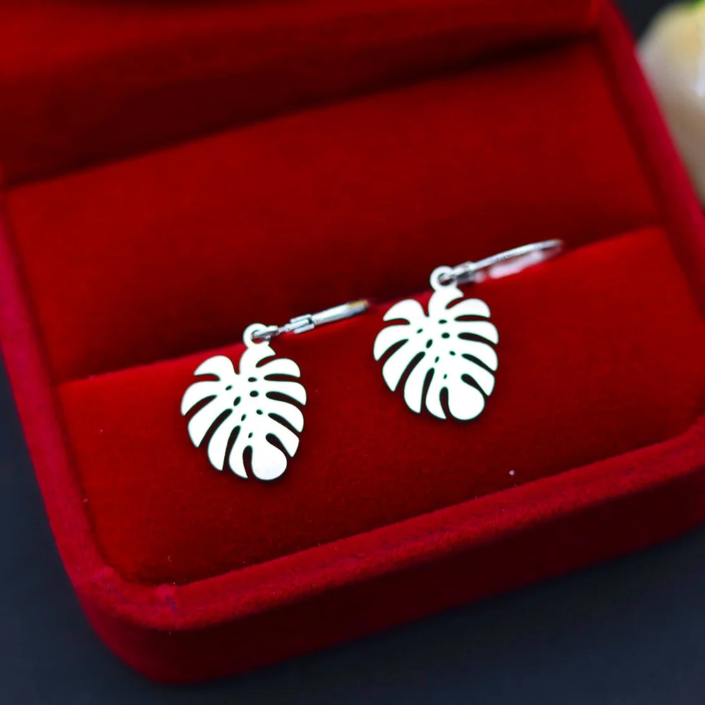 Chandler Stainless Steel Monstera Leaf Drop Earrings Boho Jewelry Stylish Plant Gift Men detail view