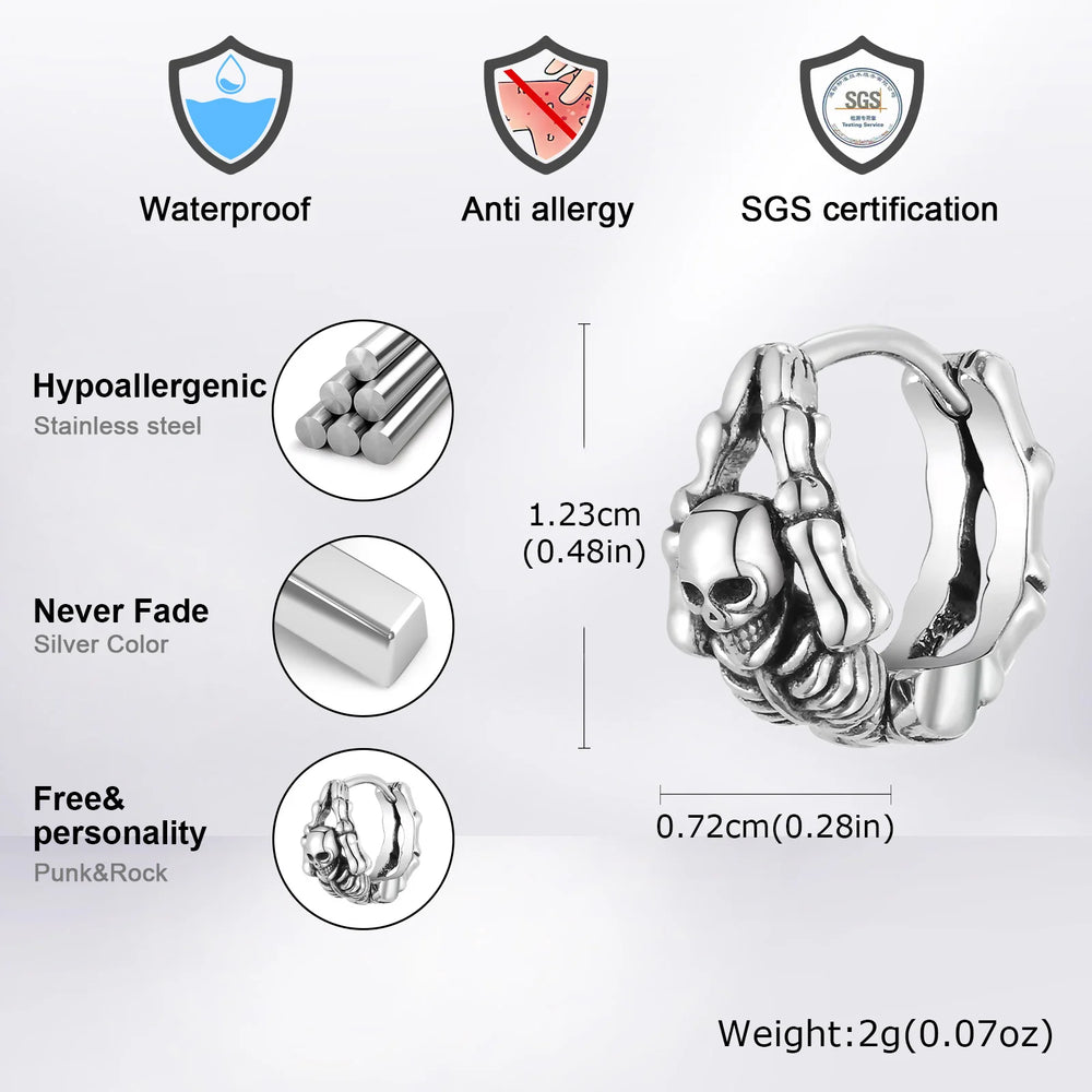 Punk Skeleton Hoop Earrings for Men | Never Fade Metal Huggies additional angle