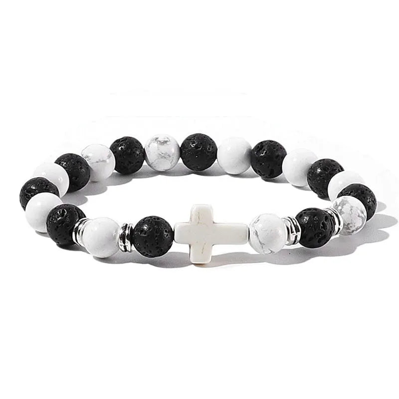 Prayer Men Natural Stone Wood Beads Rosary Hematite Cross Bracelets Onyx Meditation additional angle