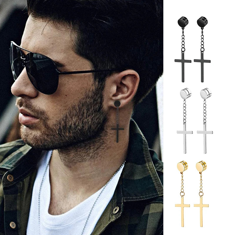 Punk Mens Strong Magnet Magnetic Cross Ear Stud Set Non Piercing Earrings Fake Earring close-up view