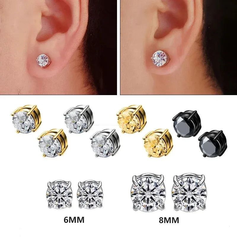 1Pairs Crystal Strong Magnetic Ear Stud Clip Earrings for Men Women, Punk Round Zircon Magnet Earrin