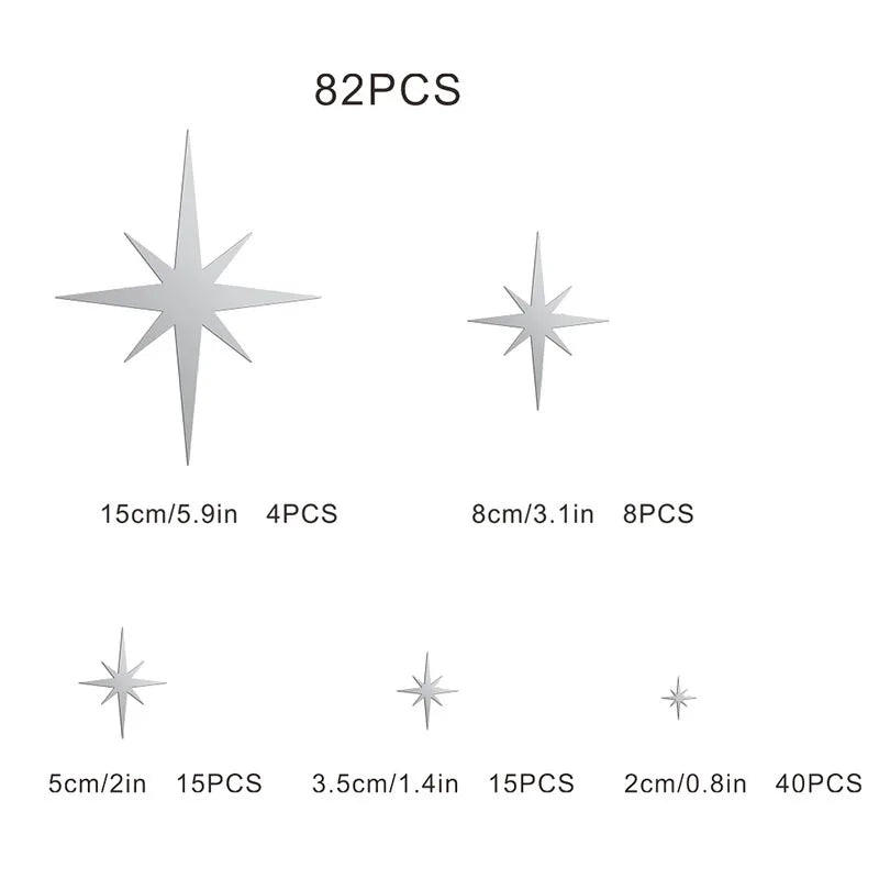 82pcs Acrylic Star Mirror Wall Sticker | Self-Adhesive Wall Decor Set detail view