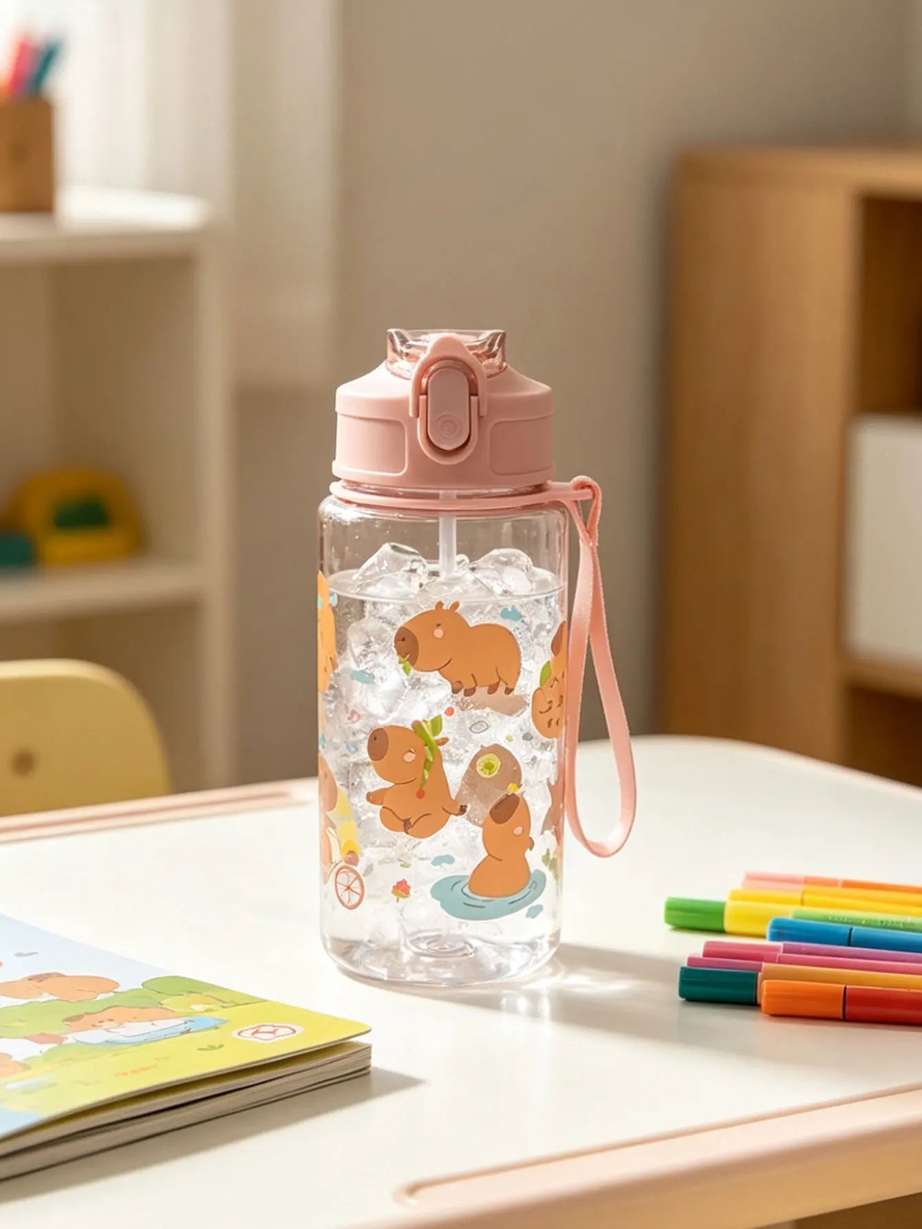 1 Piece 500ml (19 fl oz) Cartoon Printed Straw Cup, Summer Plastic Water Bottle, BP additional angle