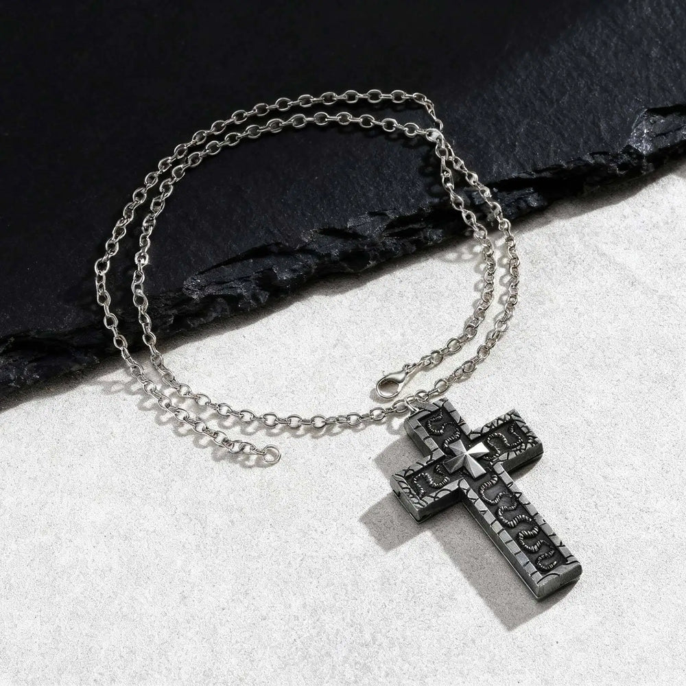 Punk Cross Pendant Necklace for Men,3D Vintage Openable Metal Pendant,Pill Necklace Gi close-up view
