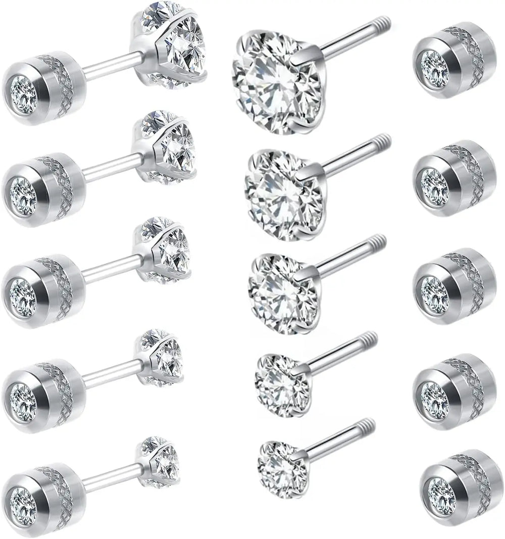 6 Pairs Screw Back Stud Earrings Set | Surgical Stainless Steel Double Sided Round CZ close-up view