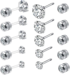 6 Pairs Screw Back Stud Earrings Set | Surgical Stainless Steel Double Sided Round CZ close-up view