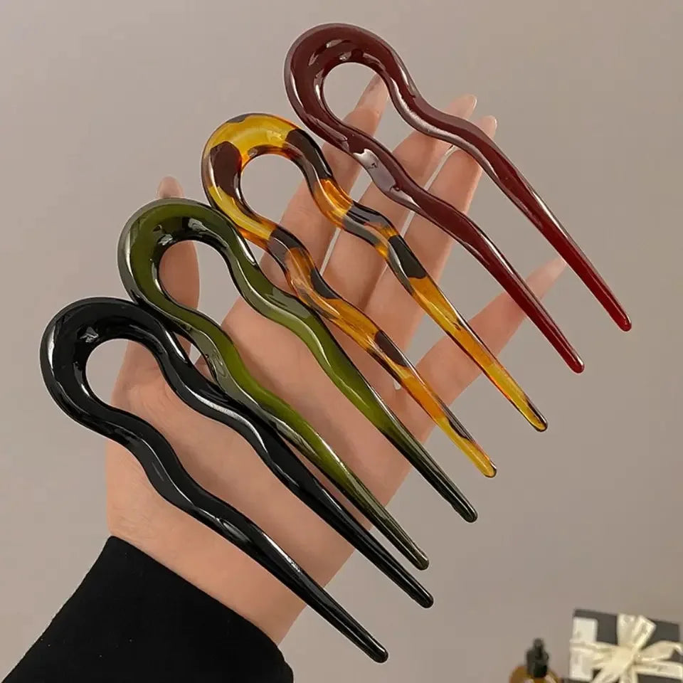 U-Shaped French Twist Hair Stick Hair Clip Plastic Wavy Hairpins Vintage Green Tort additional angle