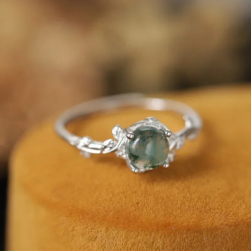 New S925 Sterling Silver Green Moss Agate Stone Ring for Women Engagement Jewelry Gif alternate view