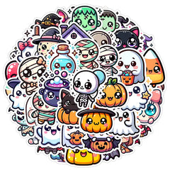 50PCS Halloween Stickers Cute Cartoon Cat Pumpkin Halloween Themed Stickers Fun Holiday Decals Pack
