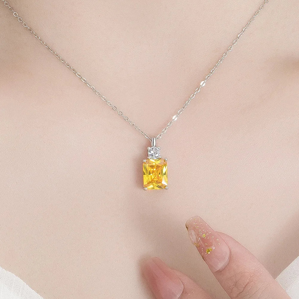 925 Silver Radiant Cut Yellow Crystal Pendant Necklace Women Sparkling Cubic Zircon Ci close-up view