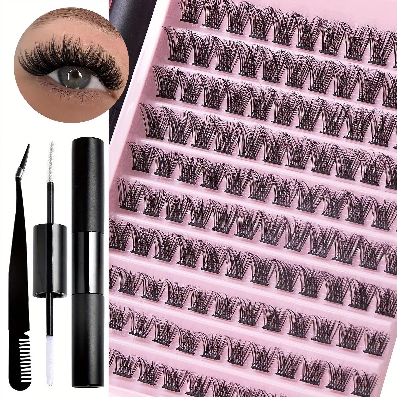 DIY Lash Extension Kit with Waterproof Strong Hold Lash Bond And Seal Lash Clusters Plus Eyelash Tweezers
