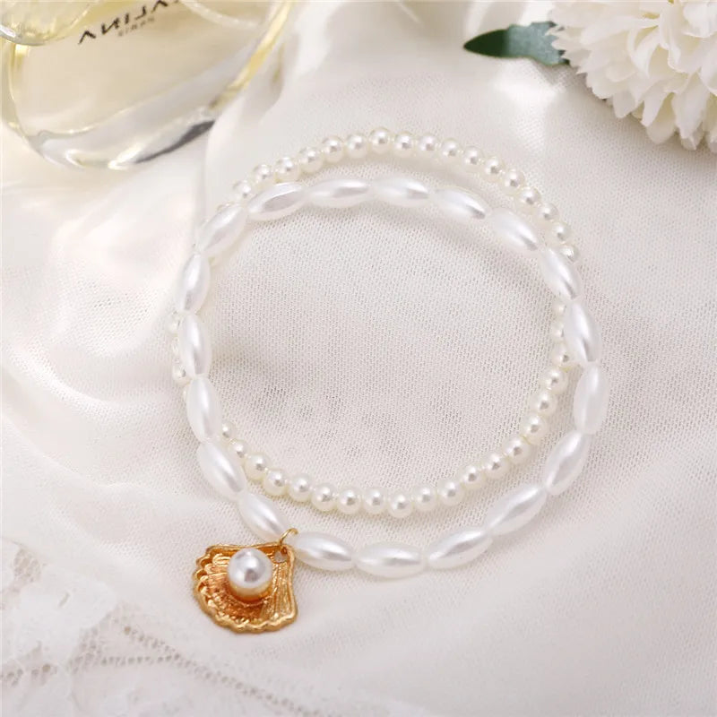 Modyle New Fashion Bohemian Simulated Pearl Chain Wedding Anklet Bracelet for Women Gold detail view