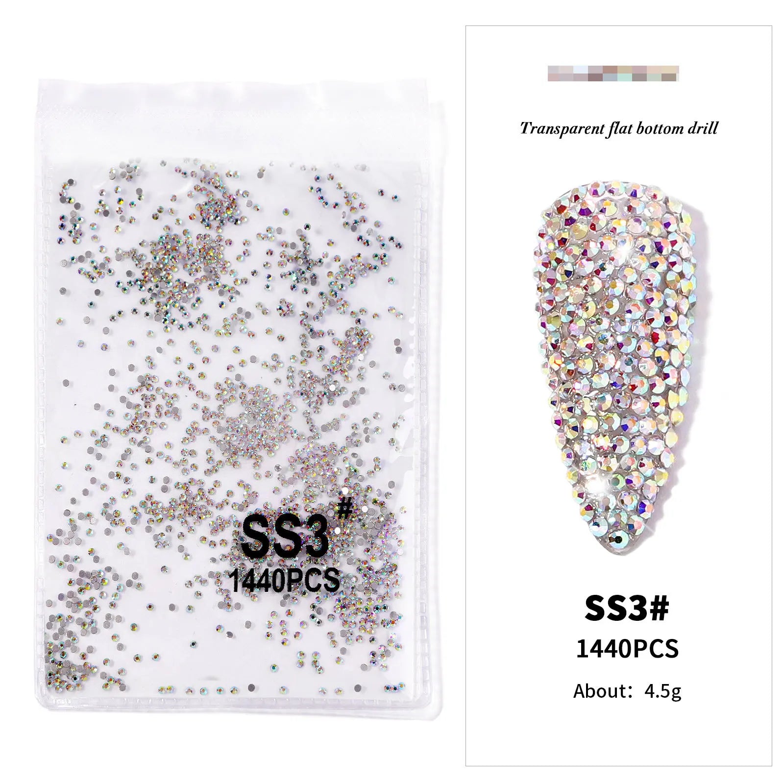 AB/Clear 1 Bag Nail Rhinestones Sizes SS3-SS12 1440 pcs Nail Art Decoration Flatback alternate view