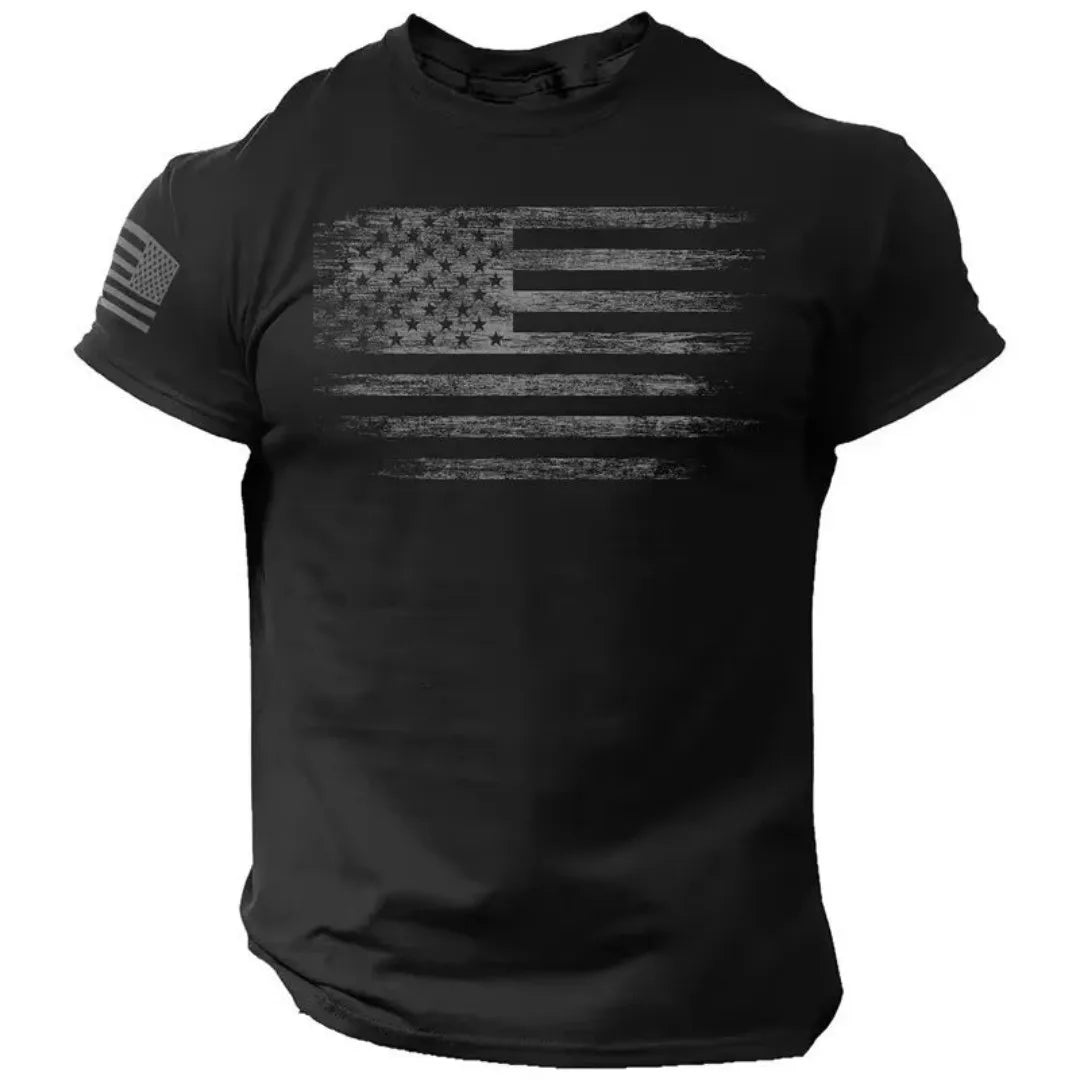 Retro American Flag T-Shirt | Casual Short Sleeve Pullover for Men close-up view