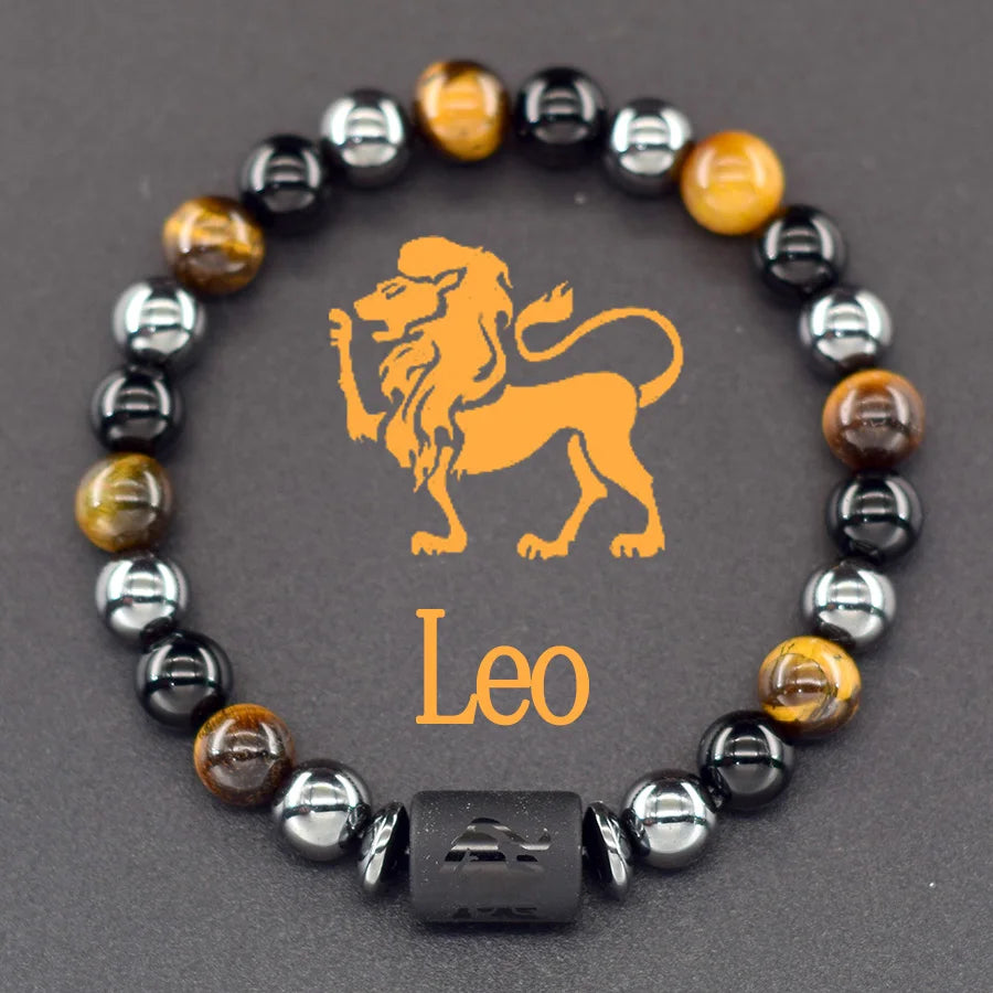 12 Zodiac Sign Bracelet Homme Constellation Bangle Natural Yellow Tiger Eye Stone Hemati detail view