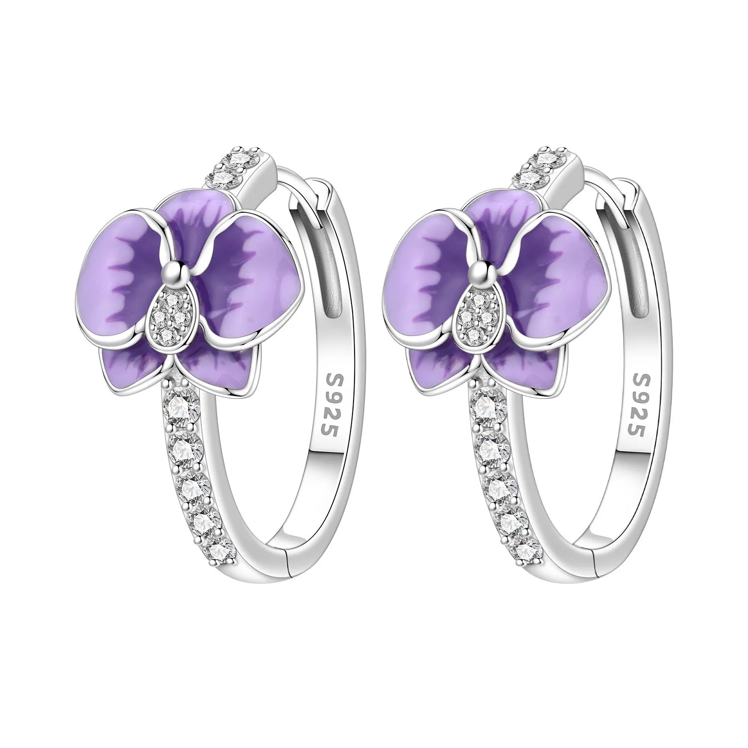 925 Sterling Silver Purple Flowers Plants Leaf Series Blue Iris Flower Earring Hoop E alternate view