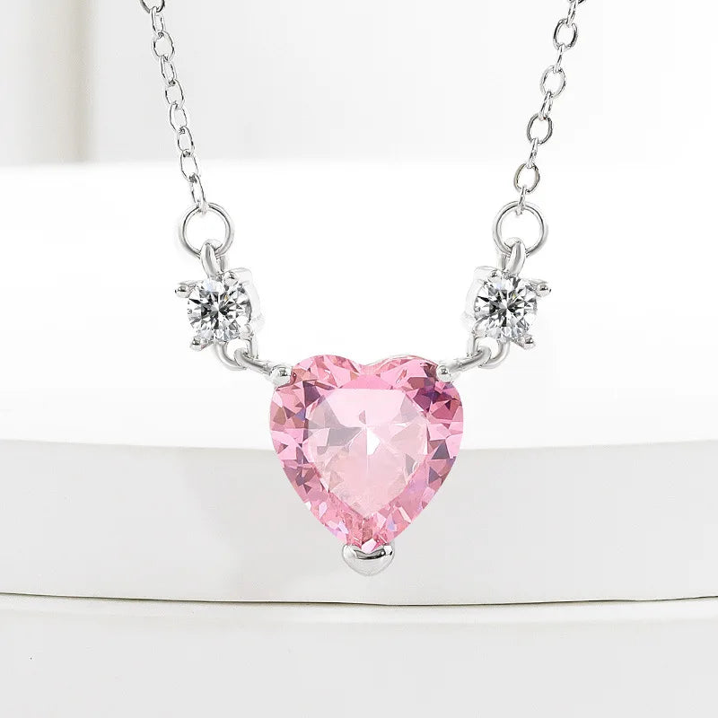 Light Luxury 925 Sterling Silver Pink Diamond Love Zircon Pendant Niche Exquisite Ladies Necklace Bi