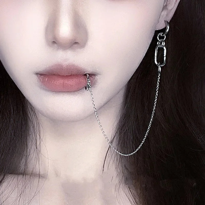 NANA Inspired Lip Piercing Set | Cosplay Punk Chain Earrings close-up view