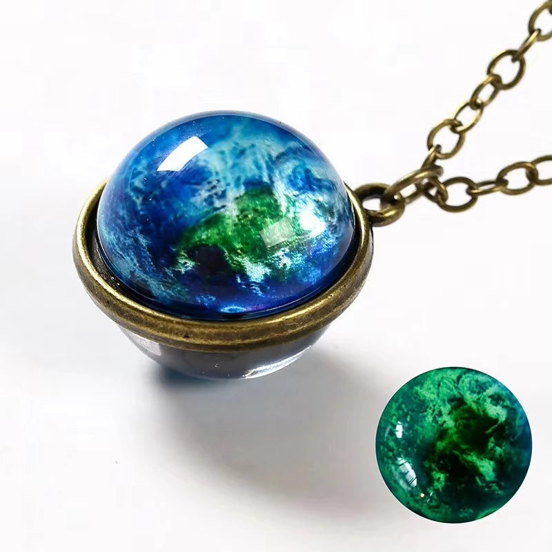 Universe Planet Earth Glass Luminous Double-Sided Retro Pendant Necklace For Women Men Galaxy Nebula