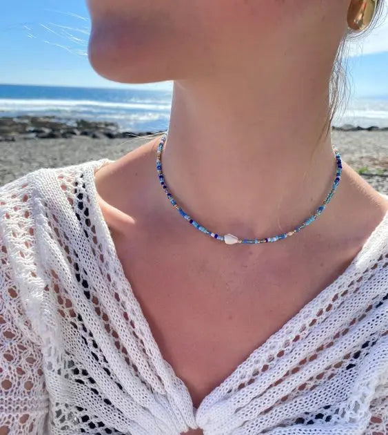 White Glass Seed Bead with Beaded Conch Shells Necklace detail view