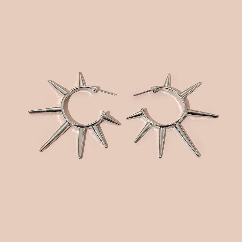 Punk Exaggerated Gold Colour Sun Shape Stud Earrings for Women Hip Hop Rock Metal Irr lifestyle view